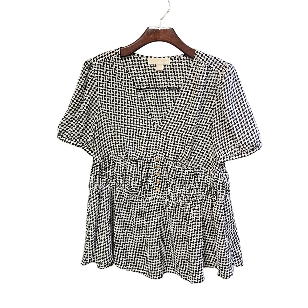 Michael Michael Kors Women Black White Geometric Diamond Smocked Peplum Blouse M